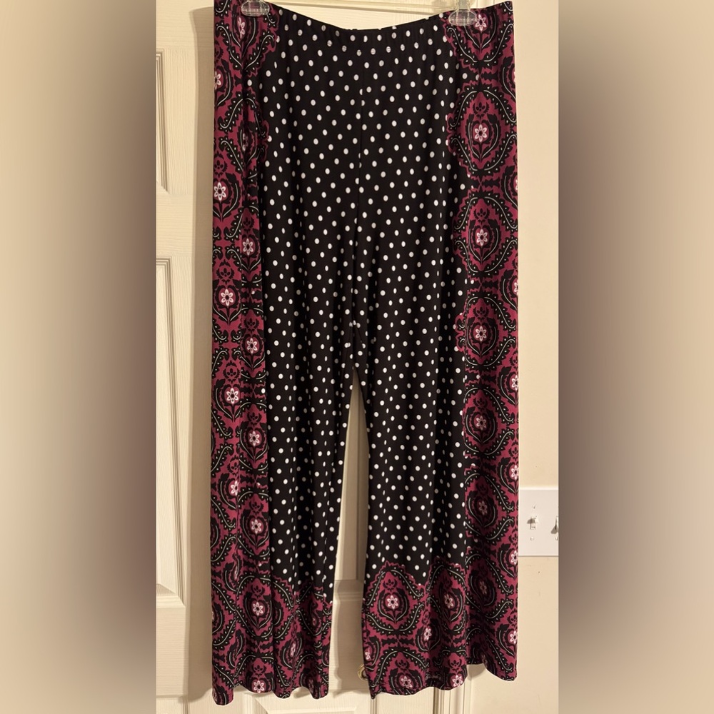 Black Polka Dot and Burgundy Print Wide Leg Pants